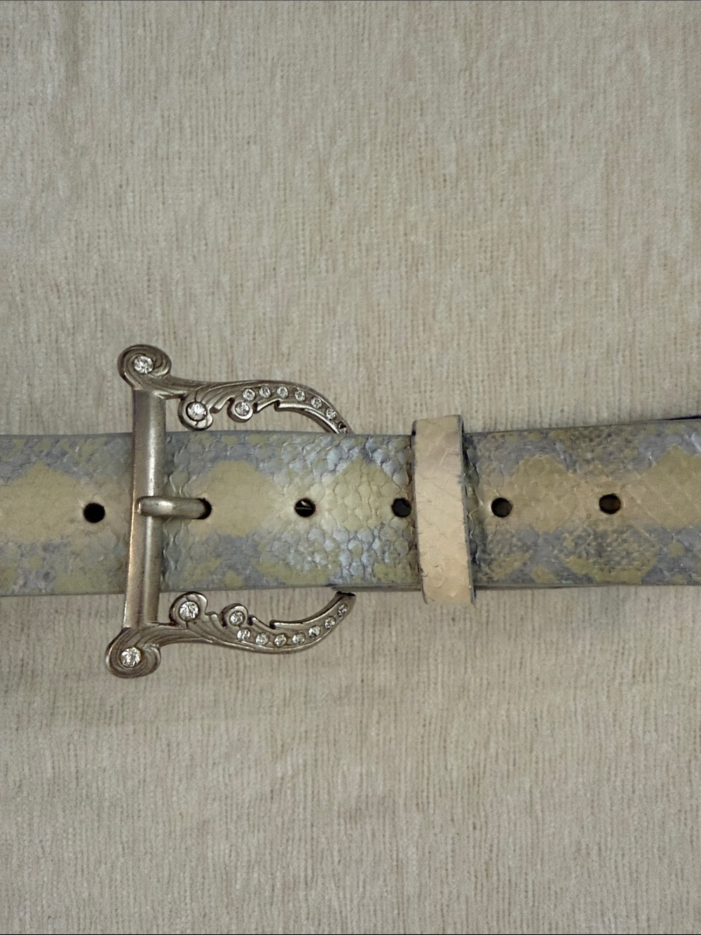 Rhinestone Buckle Faux Snakeskin Belt in Cream and Gray